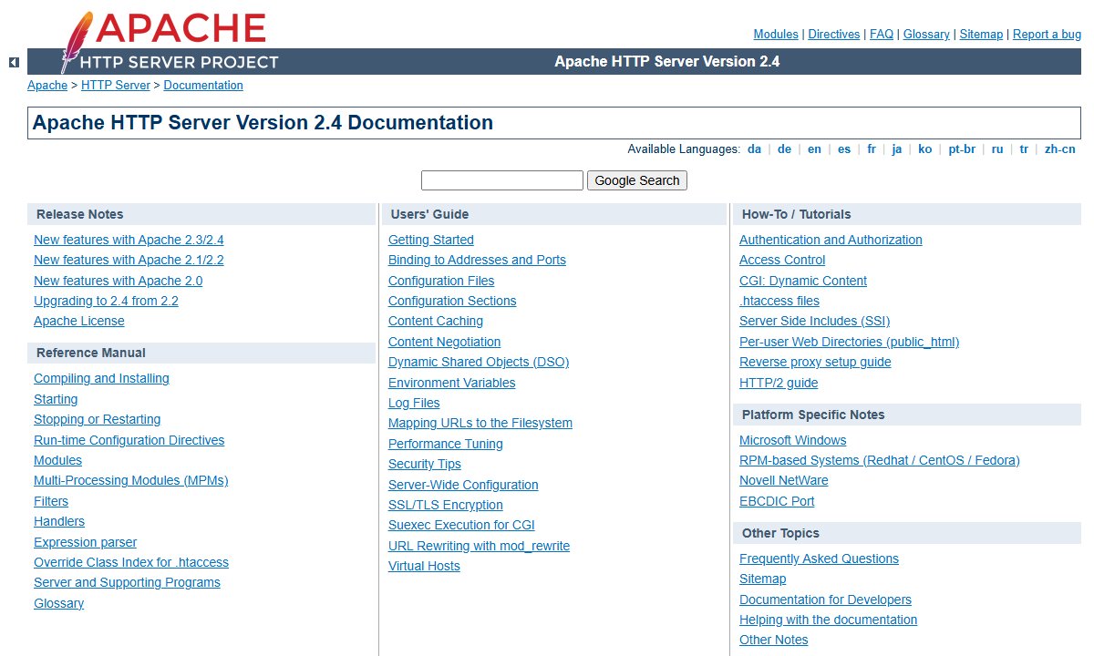 The home page of the Apache HTTP Server version 2.4 documentation, with sections for release notes, using the server, and guides.