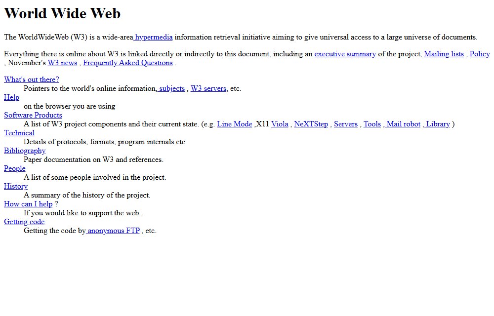 The restored first web page, titled 'World Wide Web'. Plain black text on white describes the WorldWideWeb project, with underlined links to a summary, mailing lists, software and people.