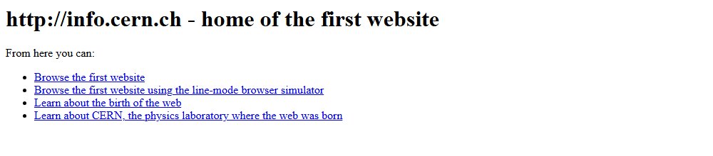 The home page of info.cern.ch, headed 'home of the first website', with links to browse the first website and learn about the birth of the web.
