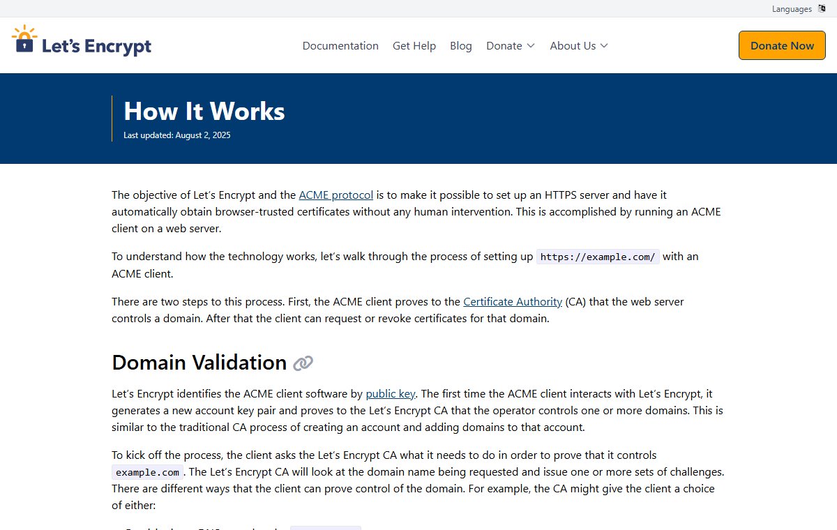 The Let's Encrypt 'How It Works' page, explaining that an ACME client on a web server proves it controls a domain and then asks for a certificate.