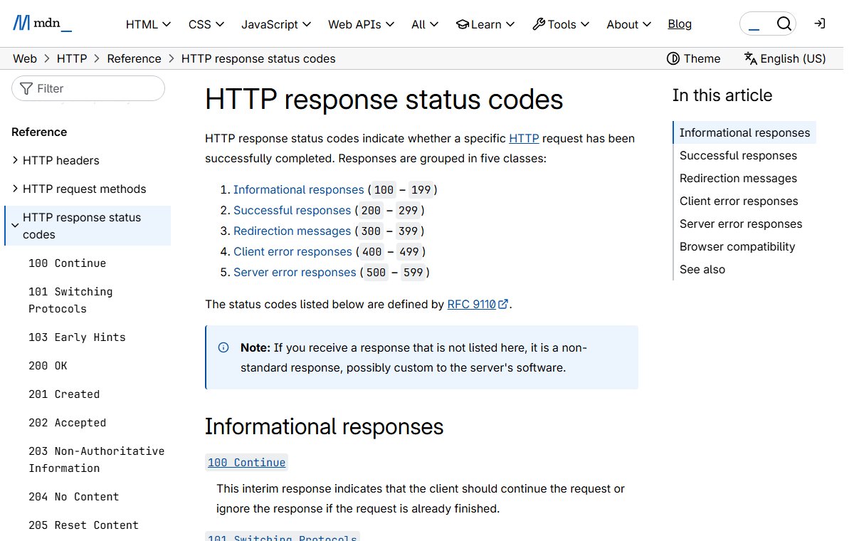 MDN's reference page on HTTP response status codes, listing the five classes from informational (100 to 199) to server errors (500 to 599).