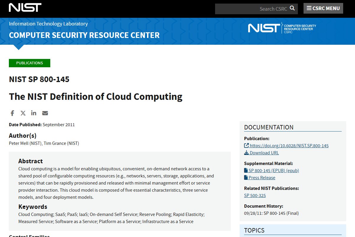 NIST's page for Special Publication 800-145, The NIST Definition of Cloud Computing, showing the publication date of September 2011 and the abstract.