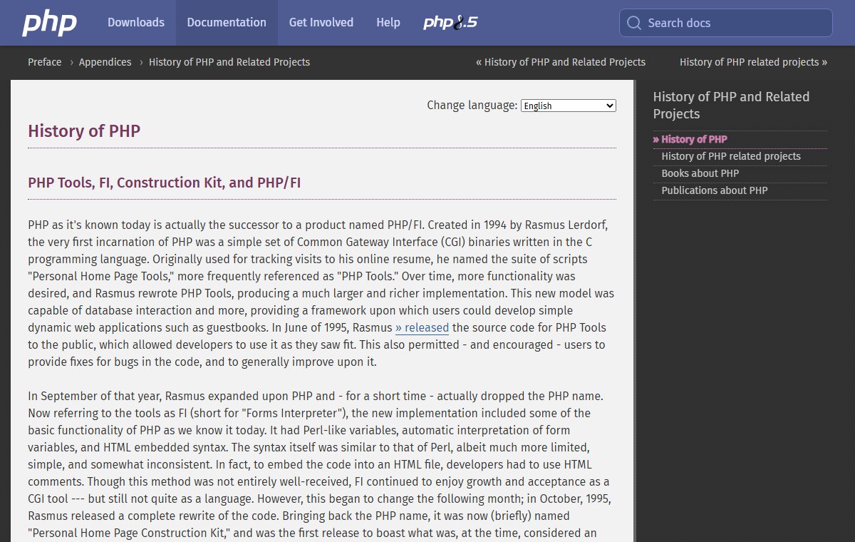 The 'History of PHP' page in the PHP manual, which begins with PHP/FI, created in 1994 by Rasmus Lerdorf.