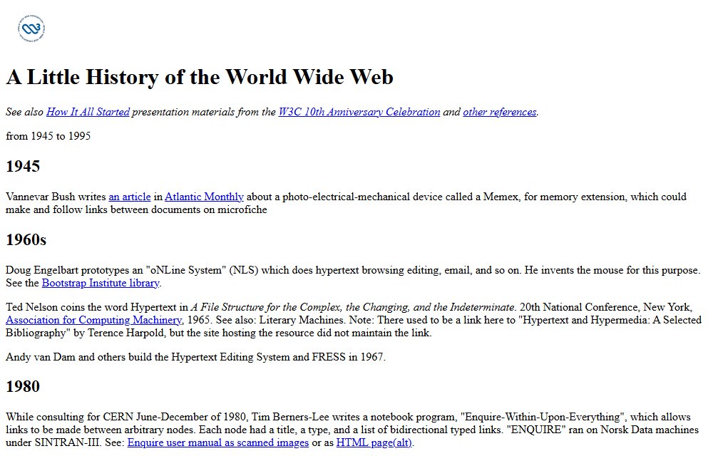 The W3C page 'A Little History of the World Wide Web', a plain timeline that starts in 1945 and runs year by year.