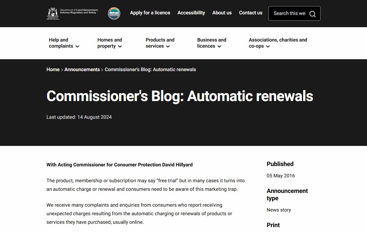 A Western Australian Consumer Protection page titled 'Commissioner's Blog: Automatic renewals', warning that free trials and subscriptions can turn into automatic charges.
